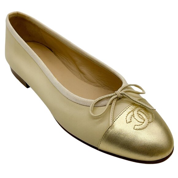 Chanel Beige Leather CC Ballet Flats with Gold Cap Toe - Picture 1 of 7